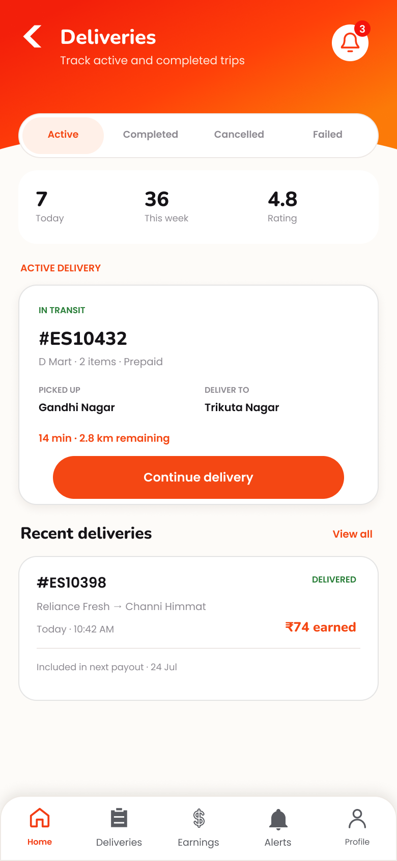 Active deliveries list