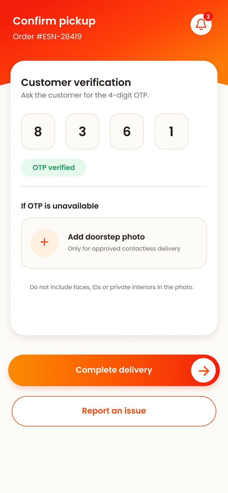 Delivery confirmation and OTP screen