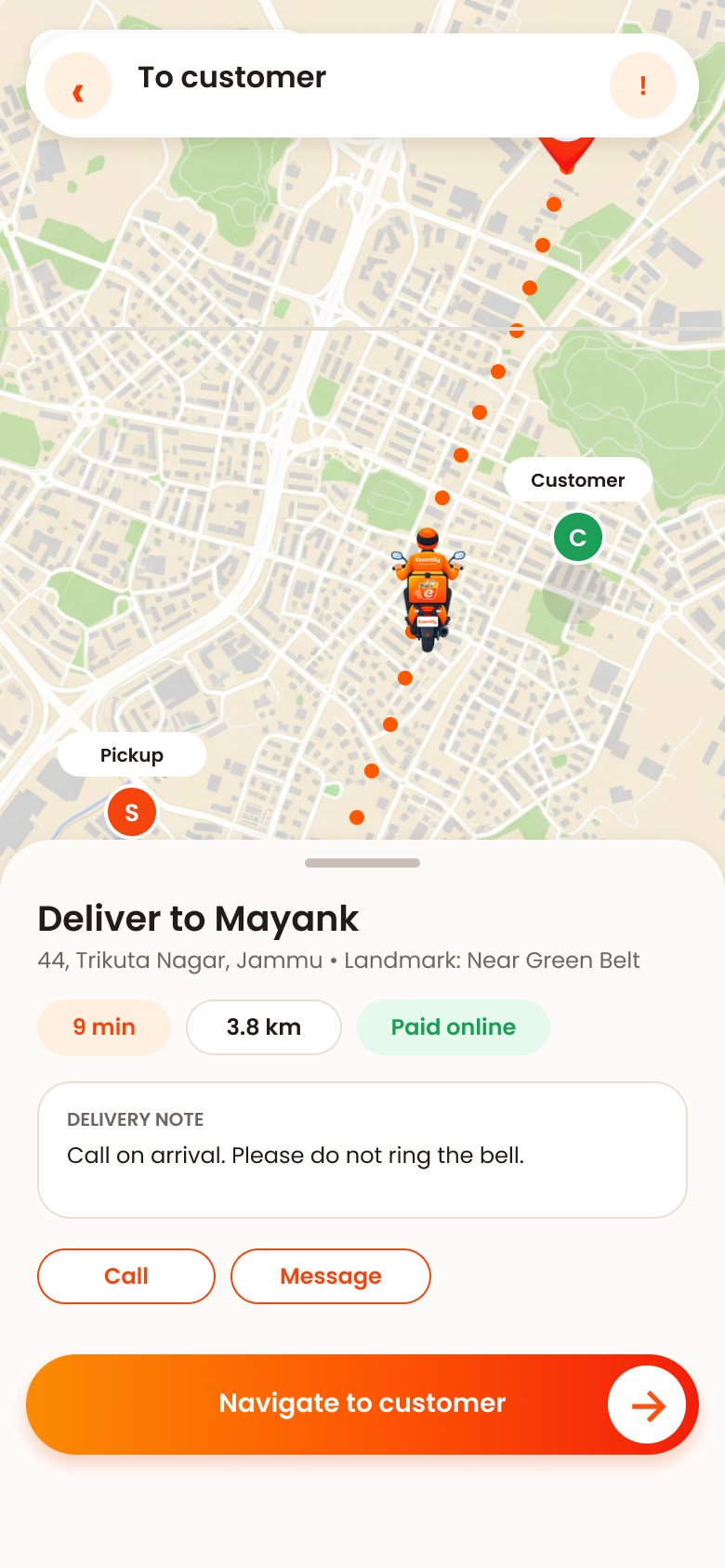 Navigation to customer in Essentily Delivery Partner