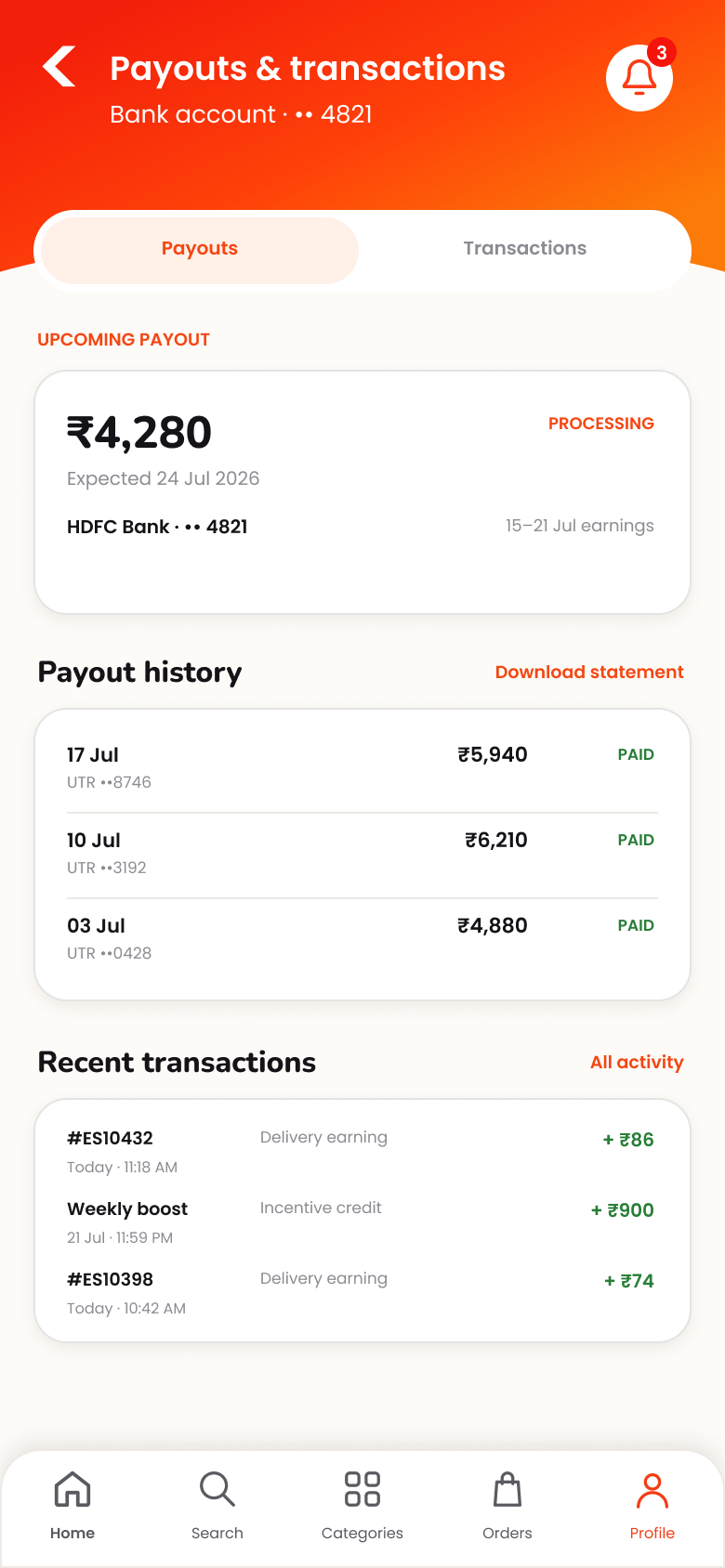 Delivery partner payouts and transactions