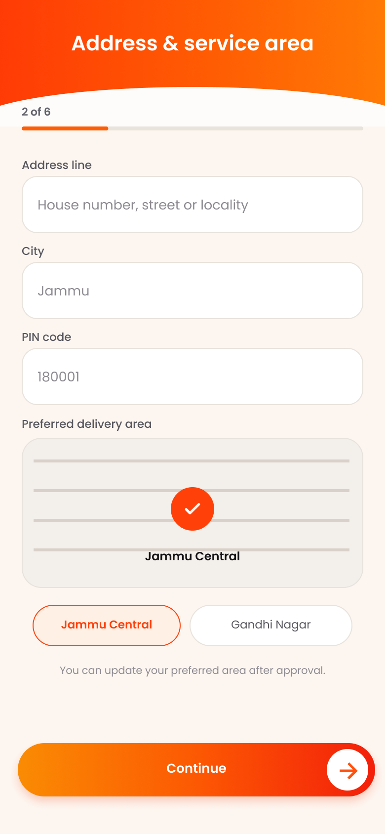 Delivery partner service area selection