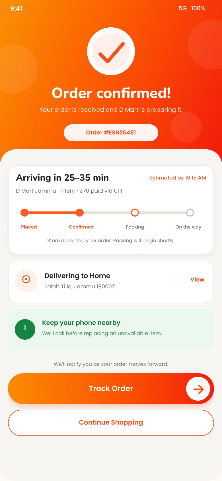 Essentily confirmed grocery order screen