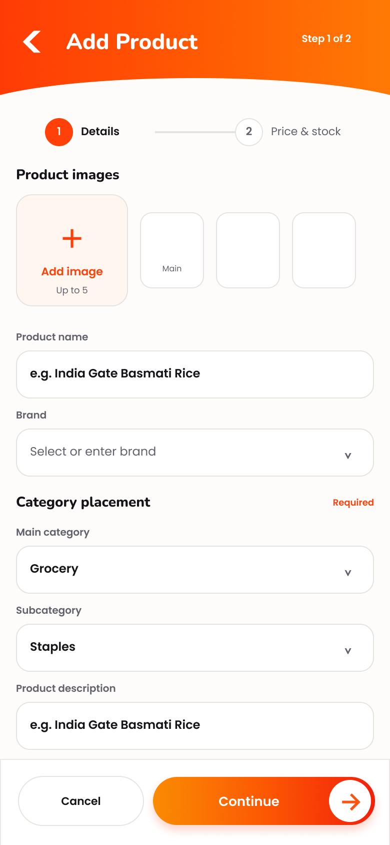 Vendor add product screen