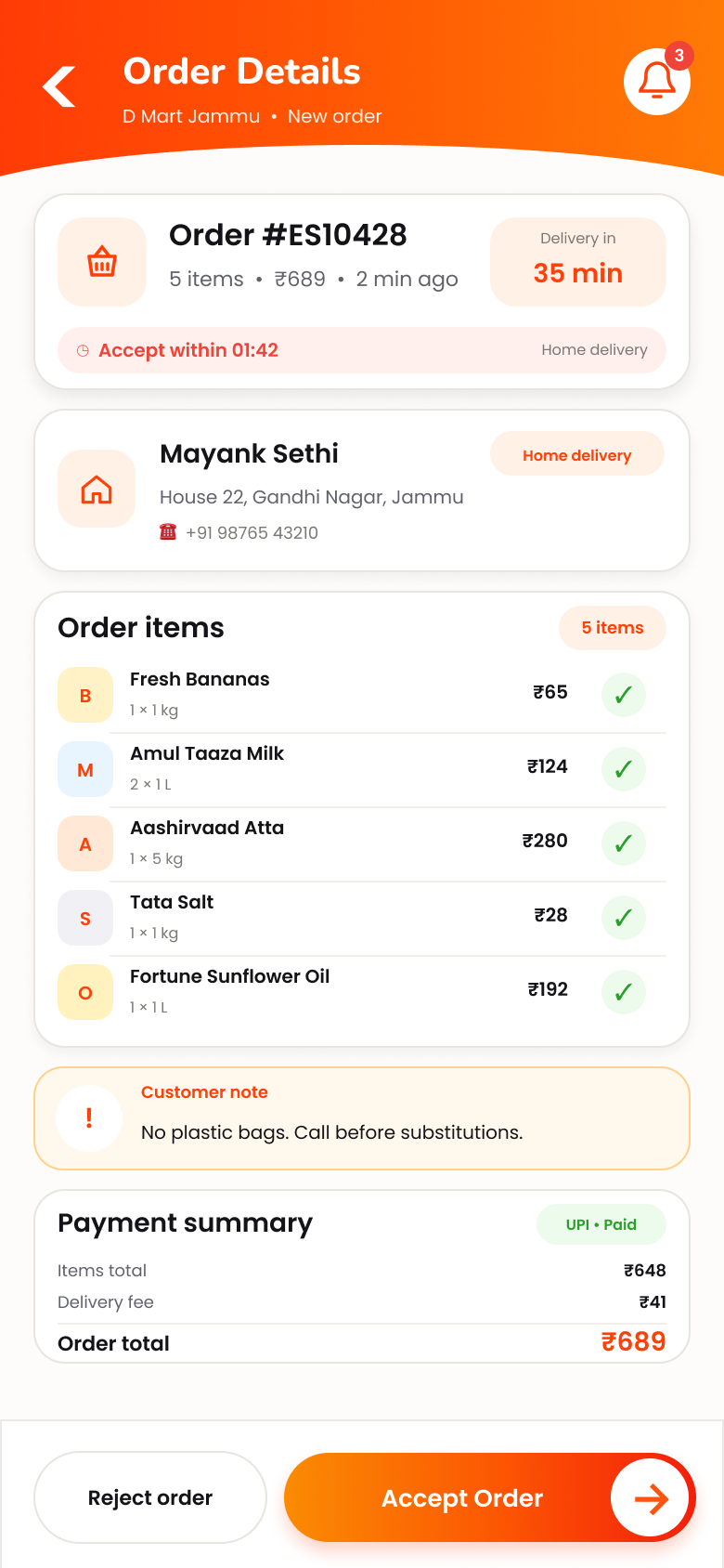 Vendor order details and acceptance