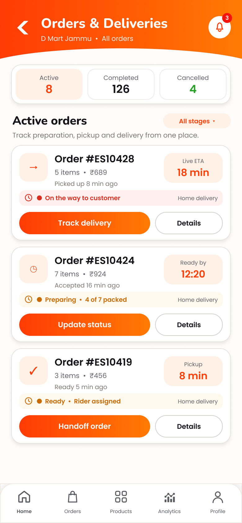 Active vendor orders and deliveries
