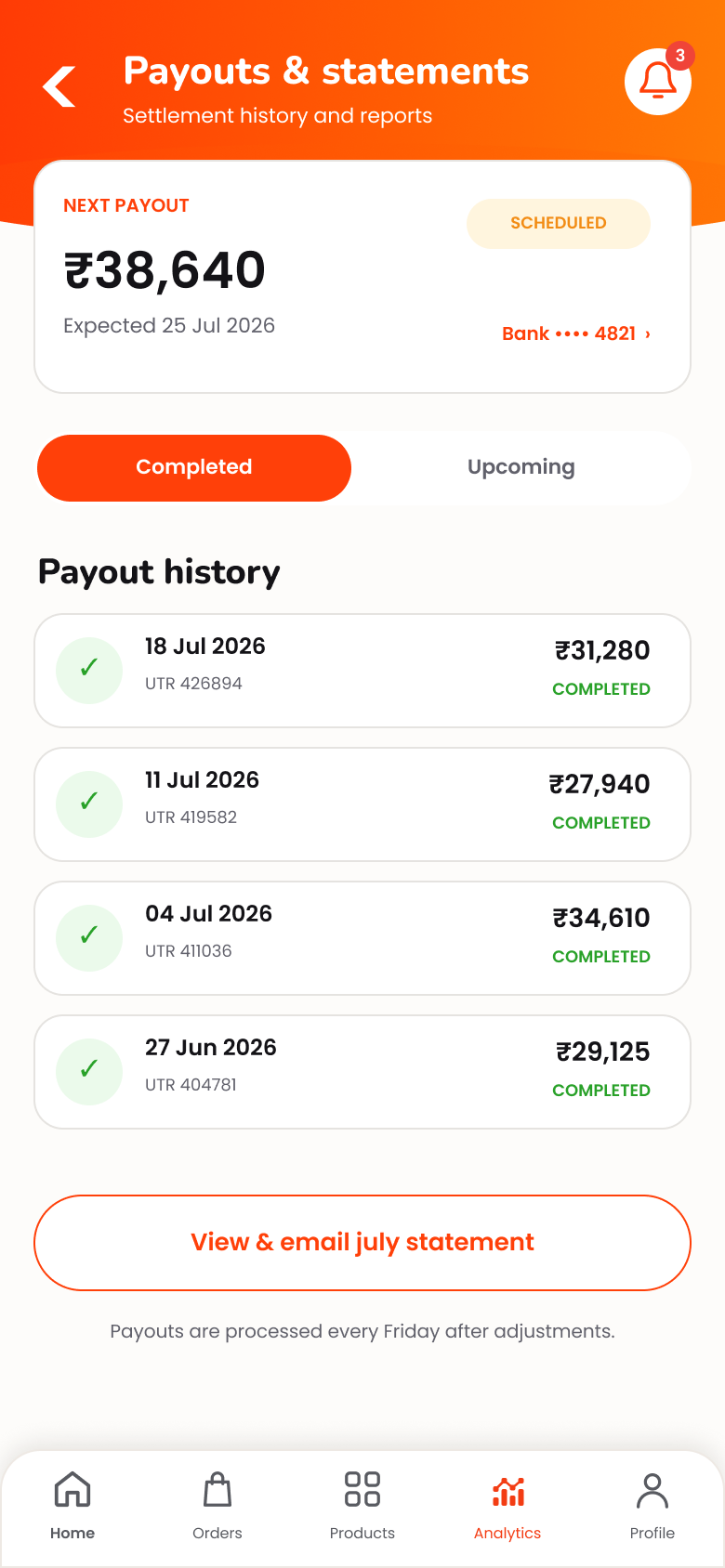 Vendor payouts and statements