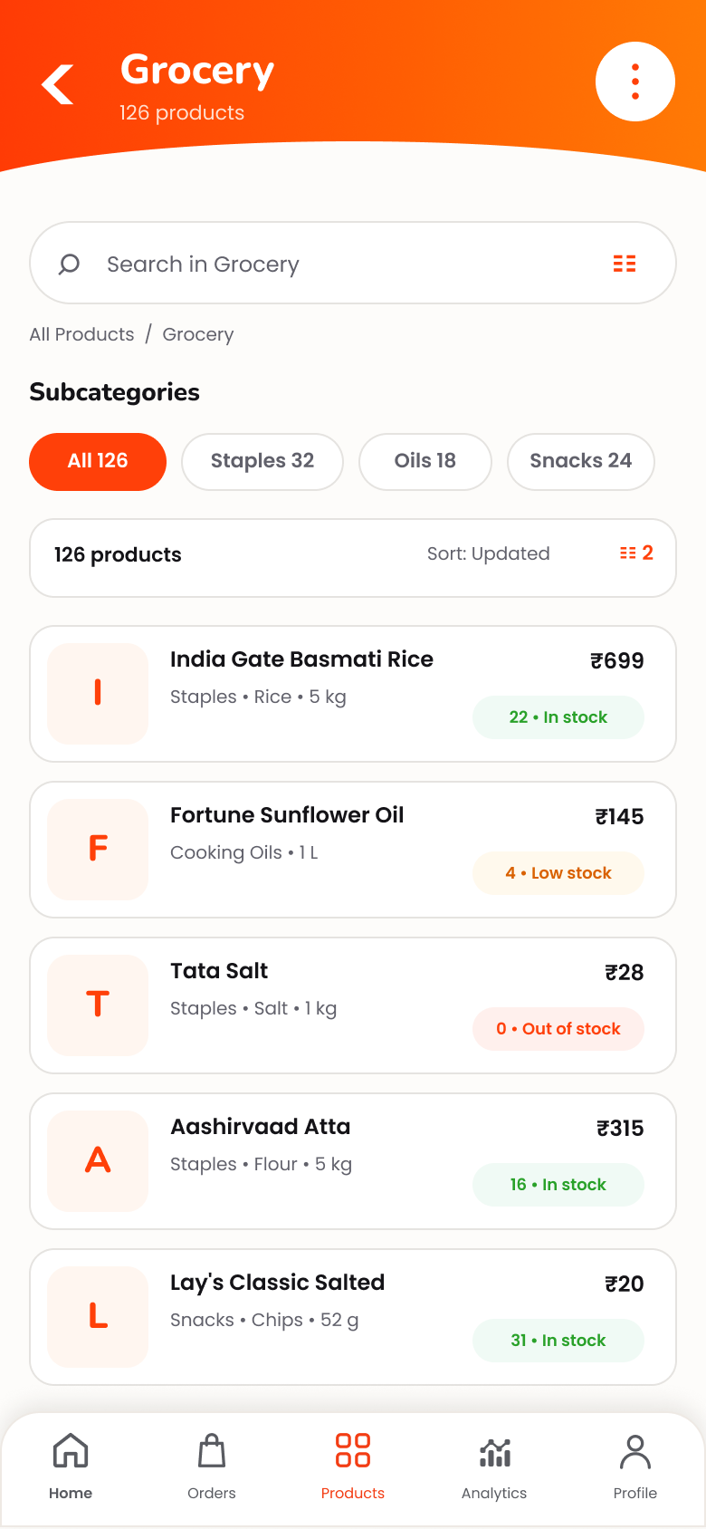 Vendor grocery products list