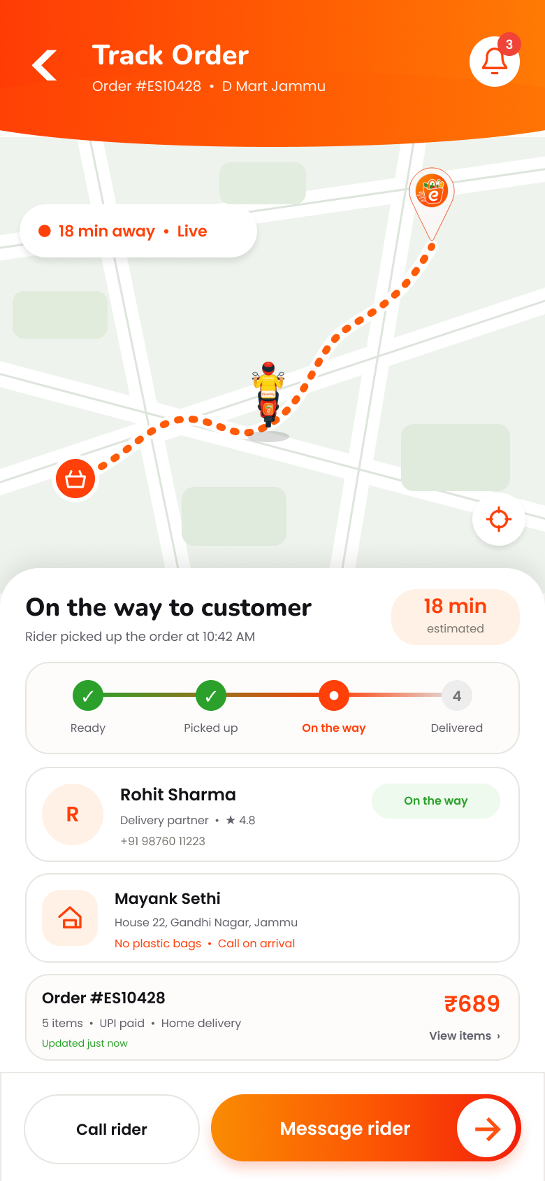 Vendor tracking an order after pickup